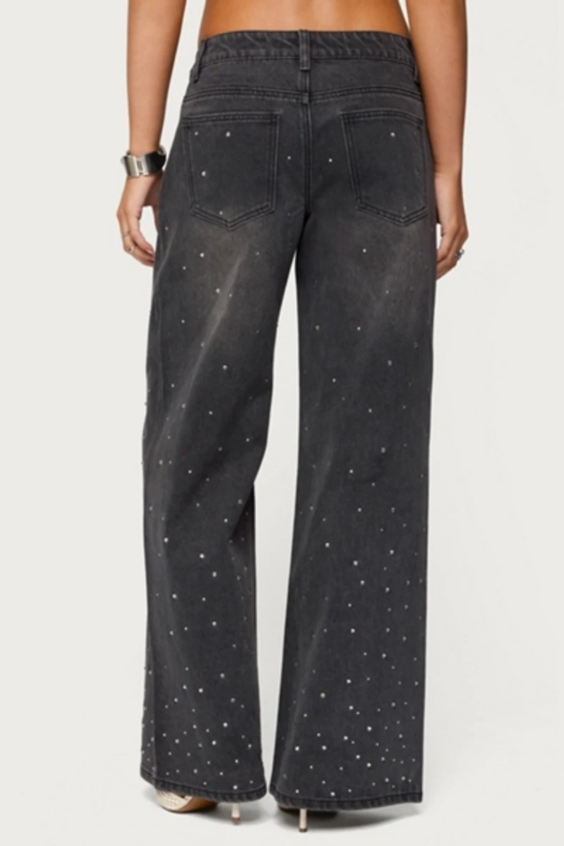 Edikted Rhinestone Low Rise Washed Jeans