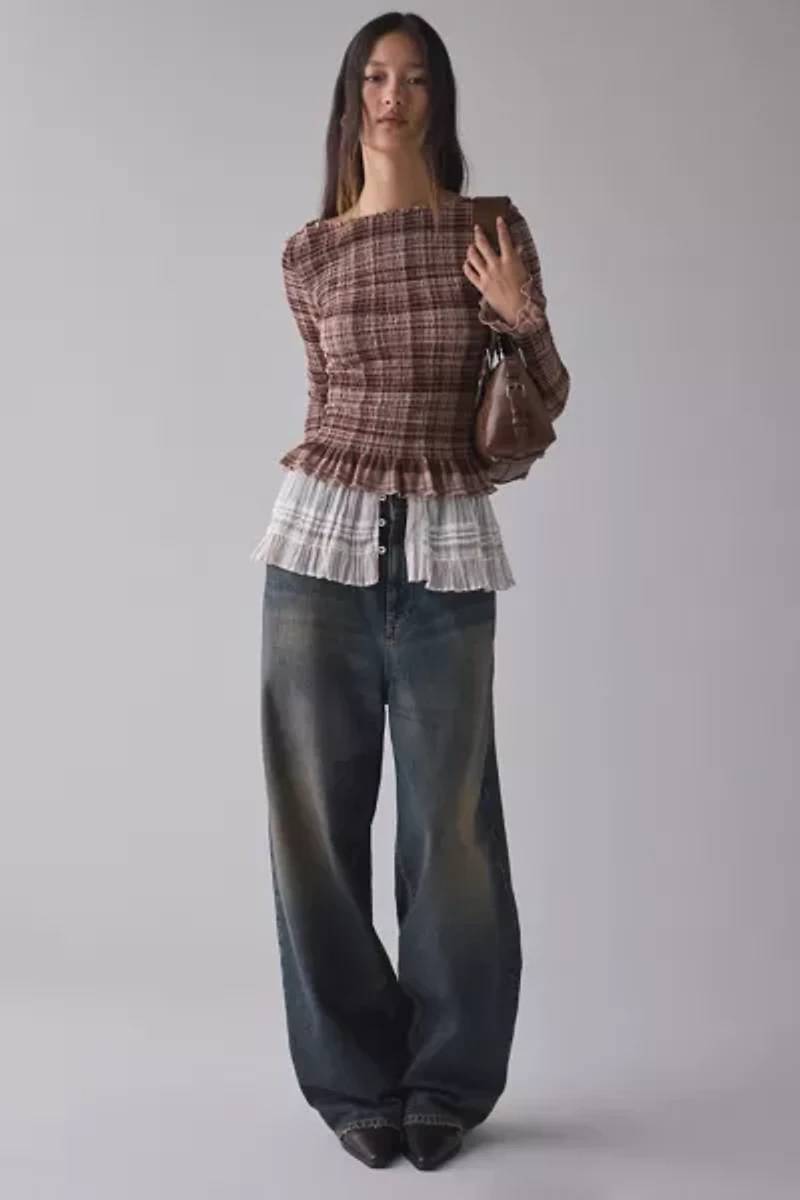 Kimchi Blue Susie Smocked Ruffle Boatneck Long Sleeve Top