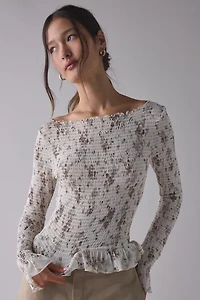 Kimchi Blue Susie Smocked Ruffle Boatneck Long Sleeve Top