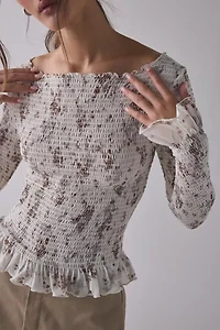 Kimchi Blue Susie Smocked Ruffle Boatneck Long Sleeve Top