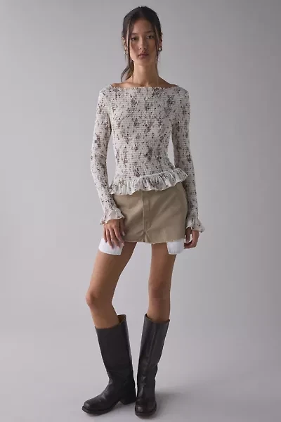 Kimchi Blue Susie Smocked Ruffle Boatneck Long Sleeve Top