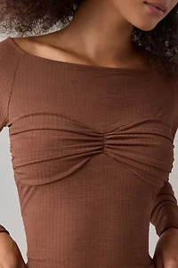 UO Izzy Semi-Sheer Ruched Front Long Sleeve Boatneck Top