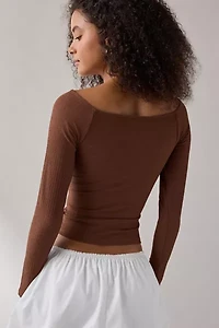 UO Izzy Semi-Sheer Ruched Front Long Sleeve Boatneck Top