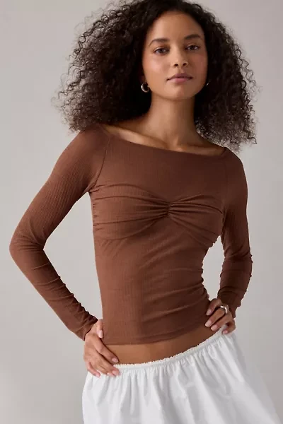 UO Izzy Semi-Sheer Ruched Front Long Sleeve Boatneck Top