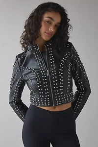 Azalea Wang Silva Crystal Studded Faux Leather Moto Jacket