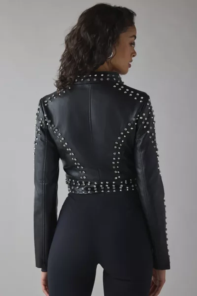 Azalea Wang Silva Crystal Studded Faux Leather Moto Jacket