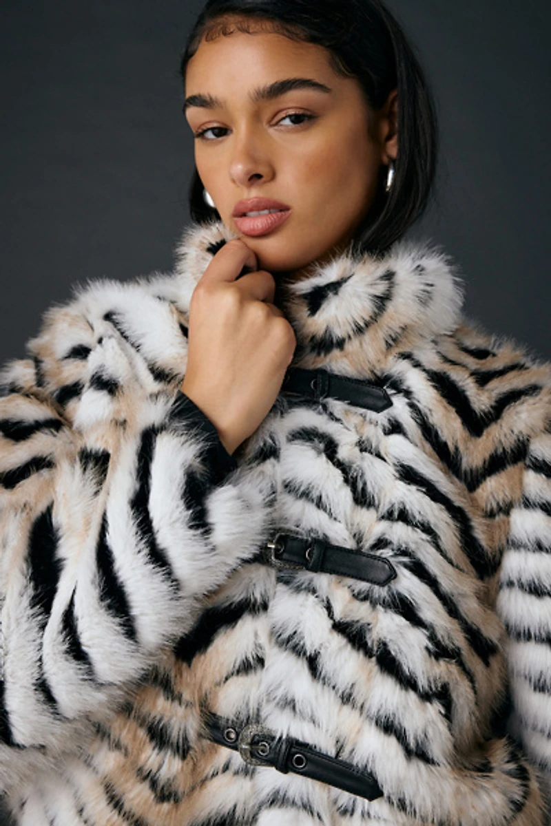 Azalea Wang Argyll Animal Print Faux Fur Coat
