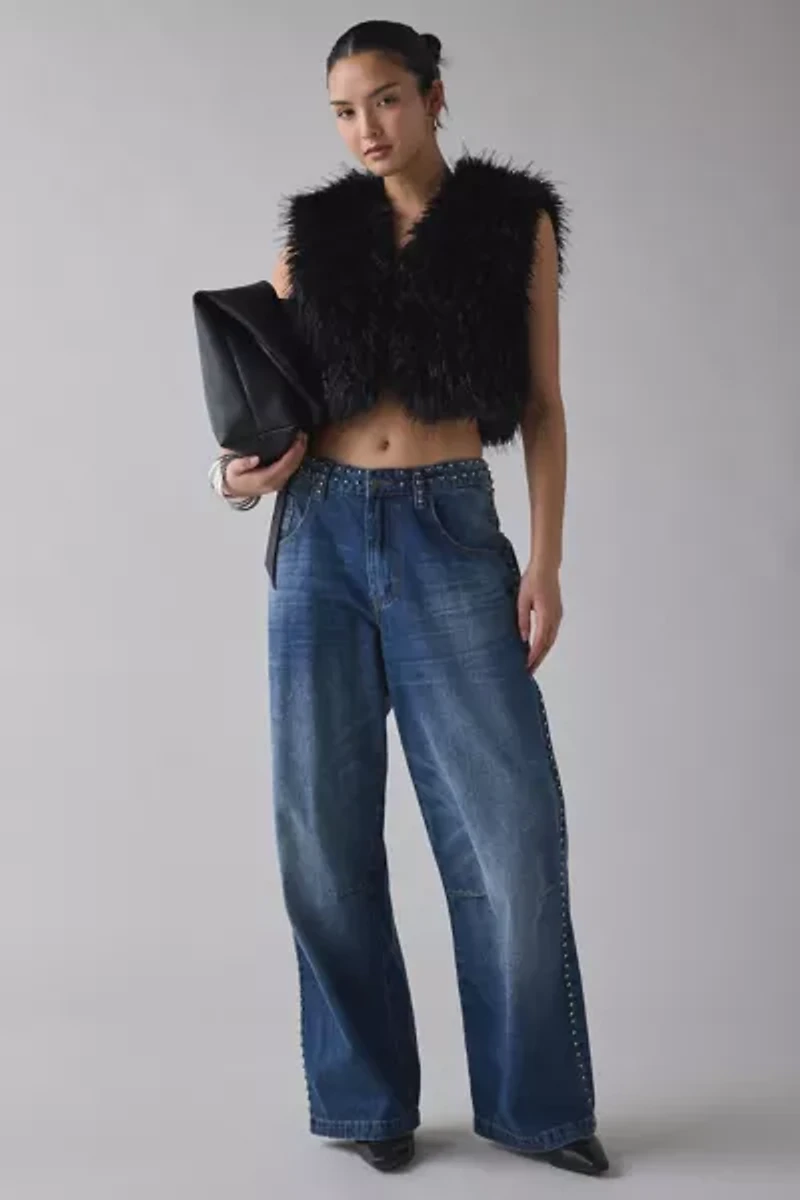 Azalea Wang Camille Cropped Black Faux Fur Vest