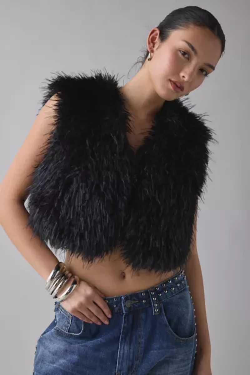 Azalea Wang Camille Cropped Black Faux Fur Vest