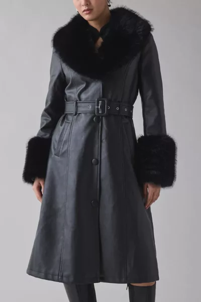 Azalea Wang Kaya Black Faux Fur Trim Leather Trench Coat