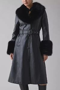 Azalea Wang Kaya Black Faux Fur Trim Leather Trench Coat