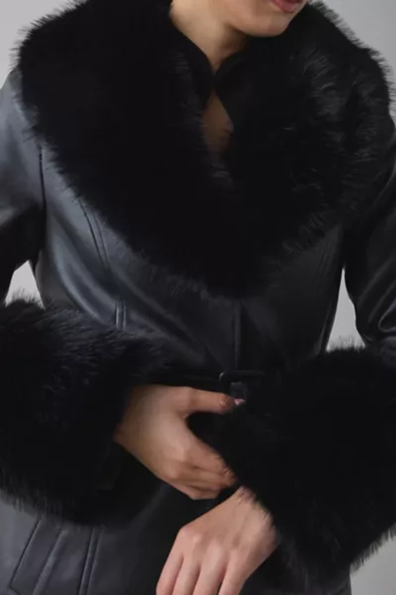 Azalea Wang Kaya Black Faux Fur Trim Leather Trench Coat