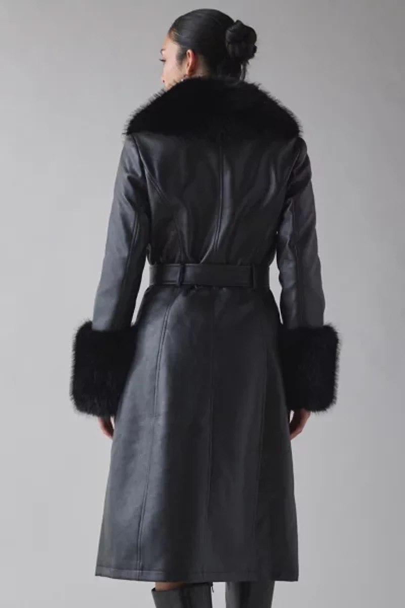 Azalea Wang Kaya Black Faux Fur Trim Leather Trench Coat