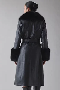 Azalea Wang Kaya Black Faux Fur Trim Leather Trench Coat