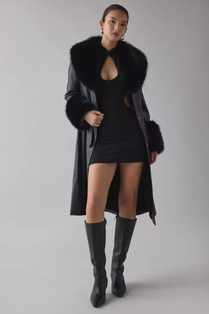 Azalea Wang Kaya Black Faux Fur Trim Leather Trench Coat