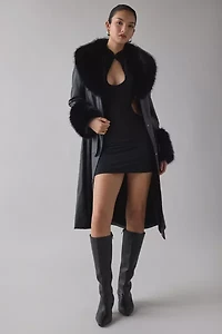 Azalea Wang Kaya Black Faux Fur Trim Leather Trench Coat