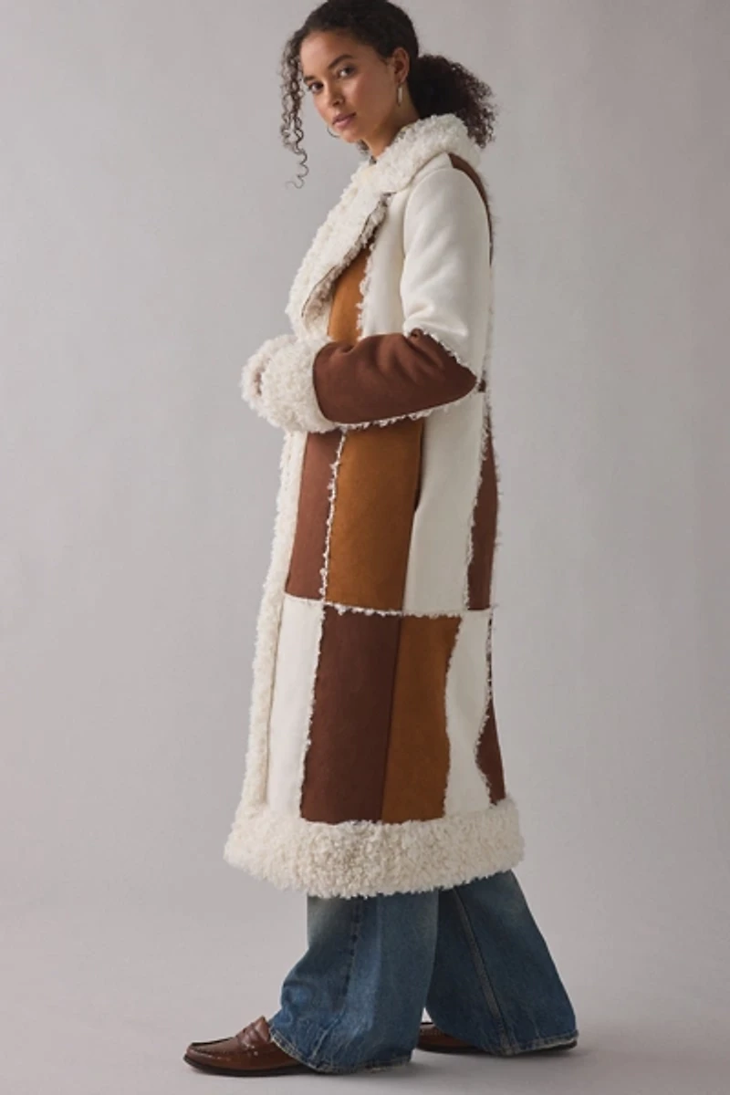Azalea Wang Telluride Longline Patchwork Faux Fur Trim Coat