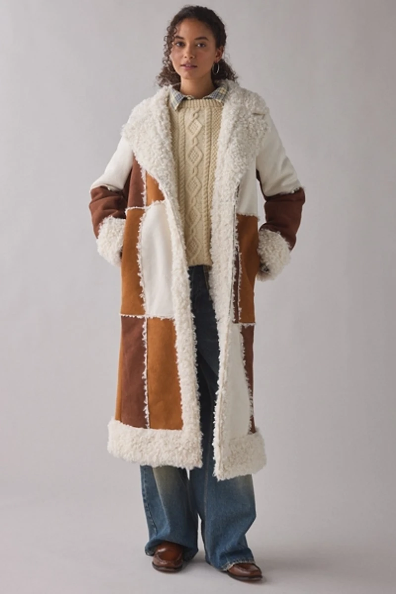 Azalea Wang Telluride Longline Patchwork Faux Fur Trim Coat