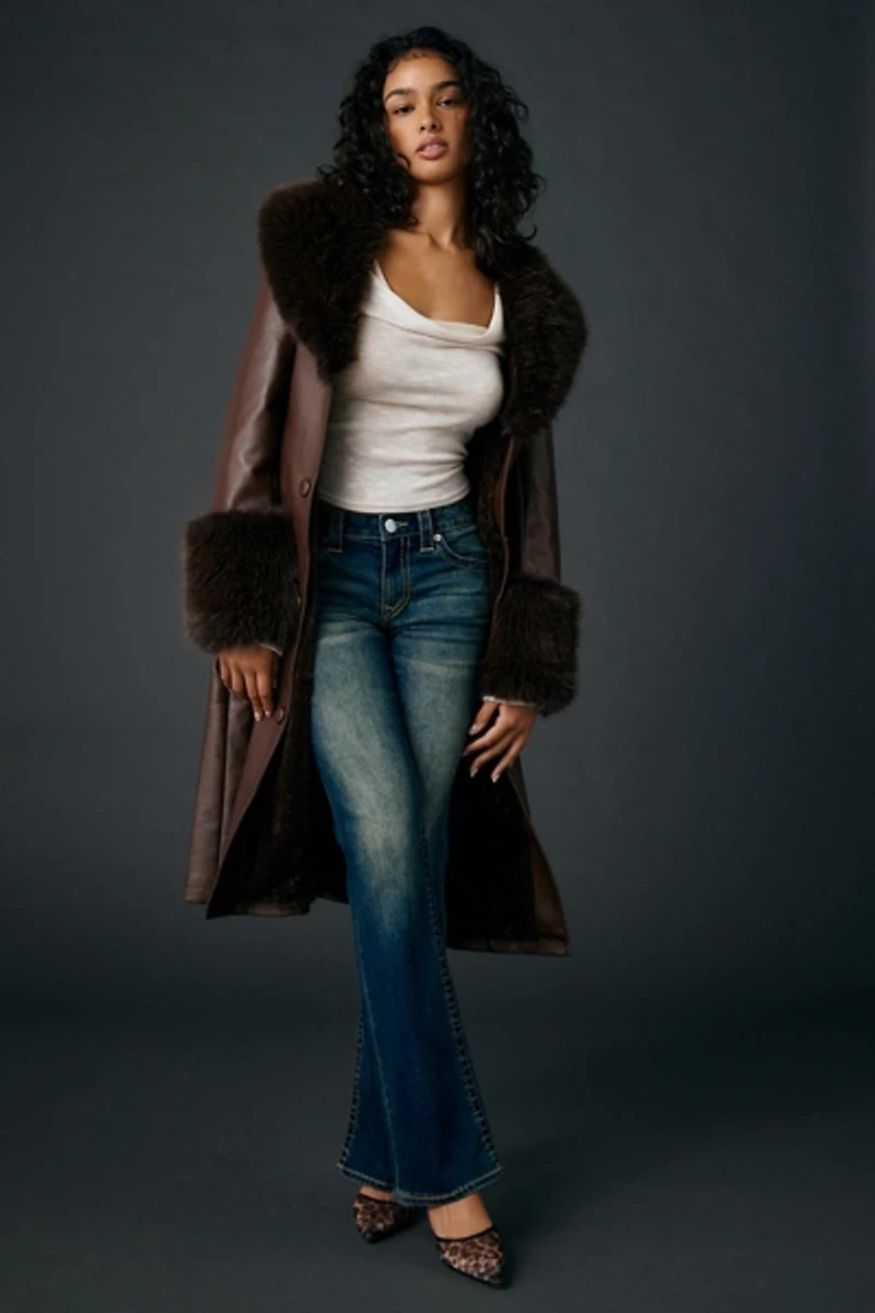 Azalea Wang Kaya Faux Fur Trim Leather Trench Coat