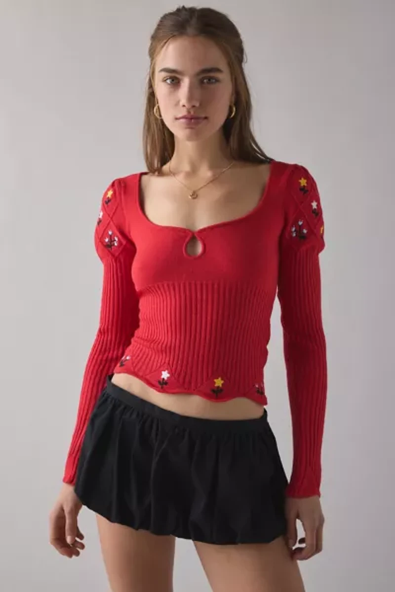 Kimchi Blue Joanie Embroidered Square Neck Puff Sleeve Cropped Sweater