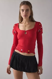 Kimchi Blue Joanie Embroidered Square Neck Puff Sleeve Cropped Sweater