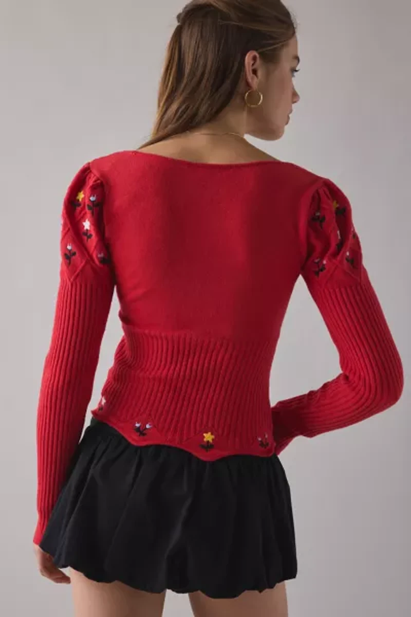 Kimchi Blue Joanie Embroidered Square Neck Puff Sleeve Cropped Sweater