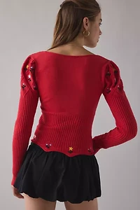 Kimchi Blue Joanie Embroidered Square Neck Puff Sleeve Cropped Sweater
