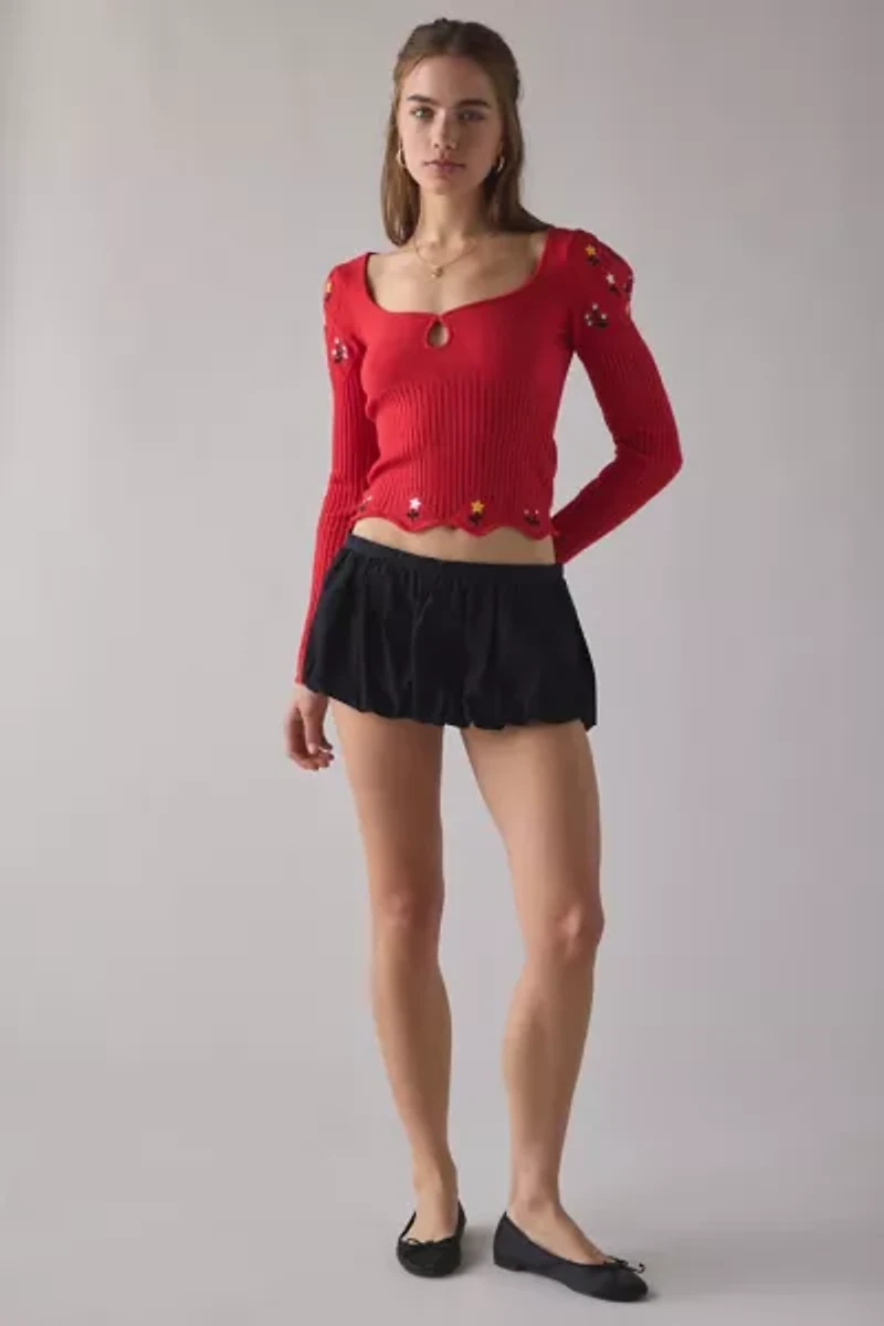 Kimchi Blue Joanie Embroidered Square Neck Puff Sleeve Cropped Sweater