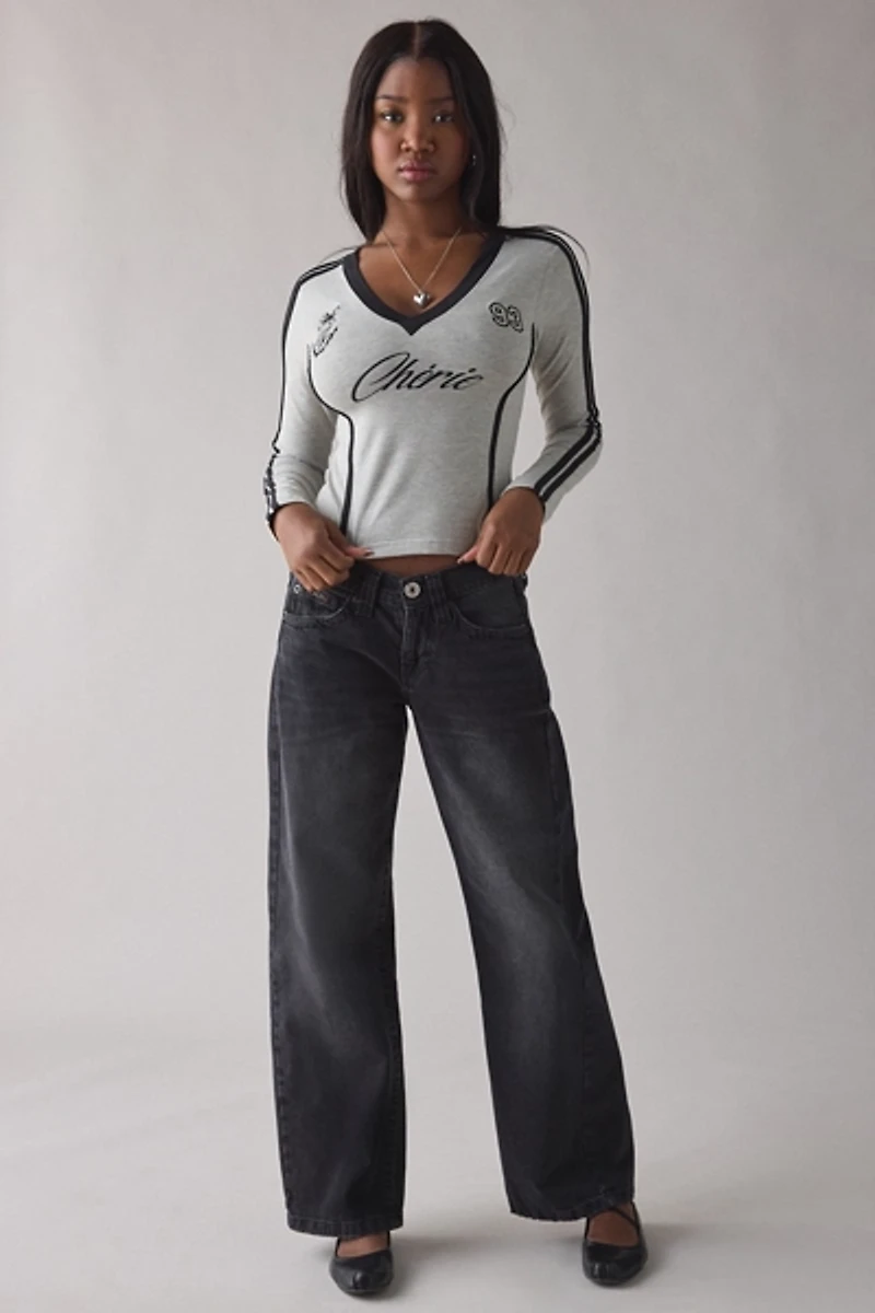 Daisy Street Varsity Graphic V-Neck Slim Long Sleeve Tee