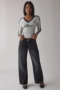 Daisy Street Varsity Graphic V-Neck Slim Long Sleeve Tee