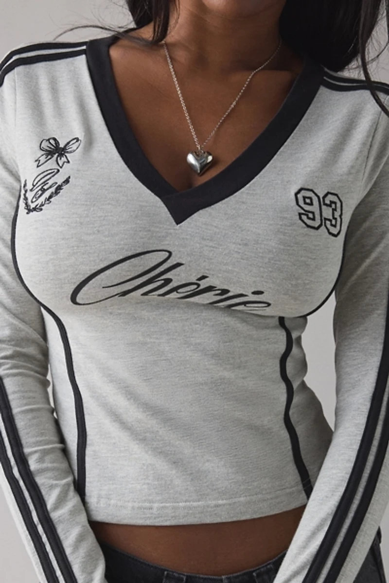 Daisy Street Varsity Graphic V-Neck Slim Long Sleeve Tee