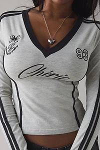 Daisy Street Varsity Graphic V-Neck Slim Long Sleeve Tee