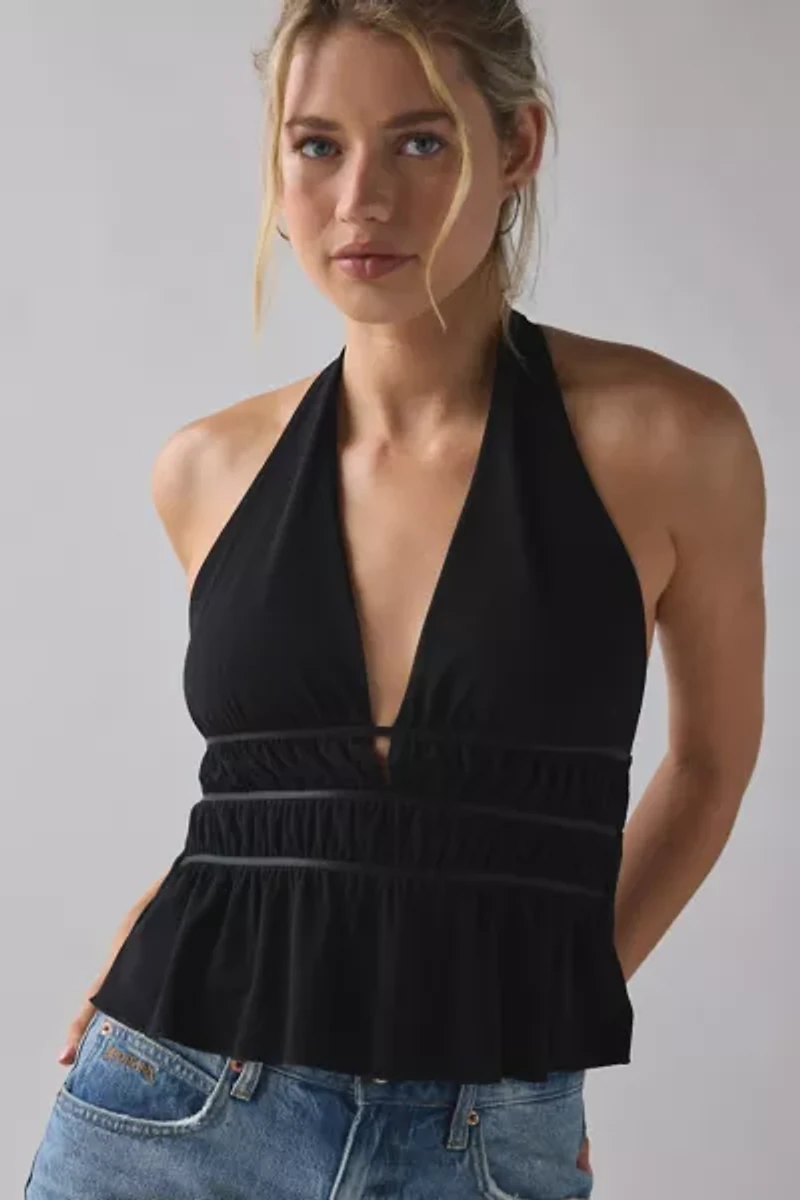 UO Ivy Plunging Ruched Jersey Knit Halter Top