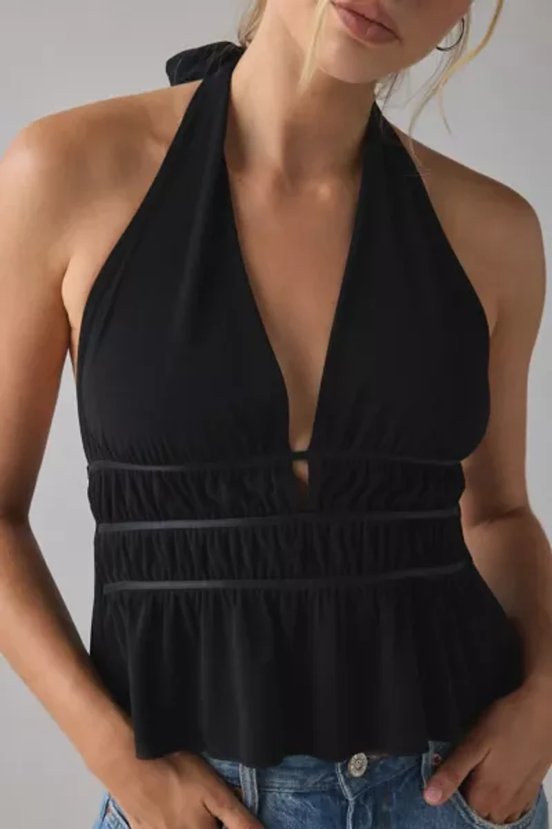 UO Ivy Plunging Ruched Jersey Knit Halter Top