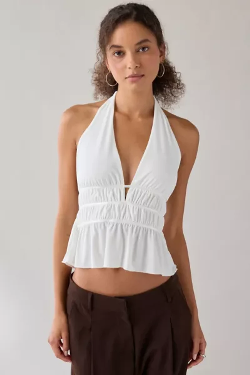 UO Ivy Plunging Ruched Jersey Knit Halter Top