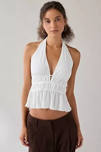 UO Ivy Plunging Ruched Jersey Knit Halter Top