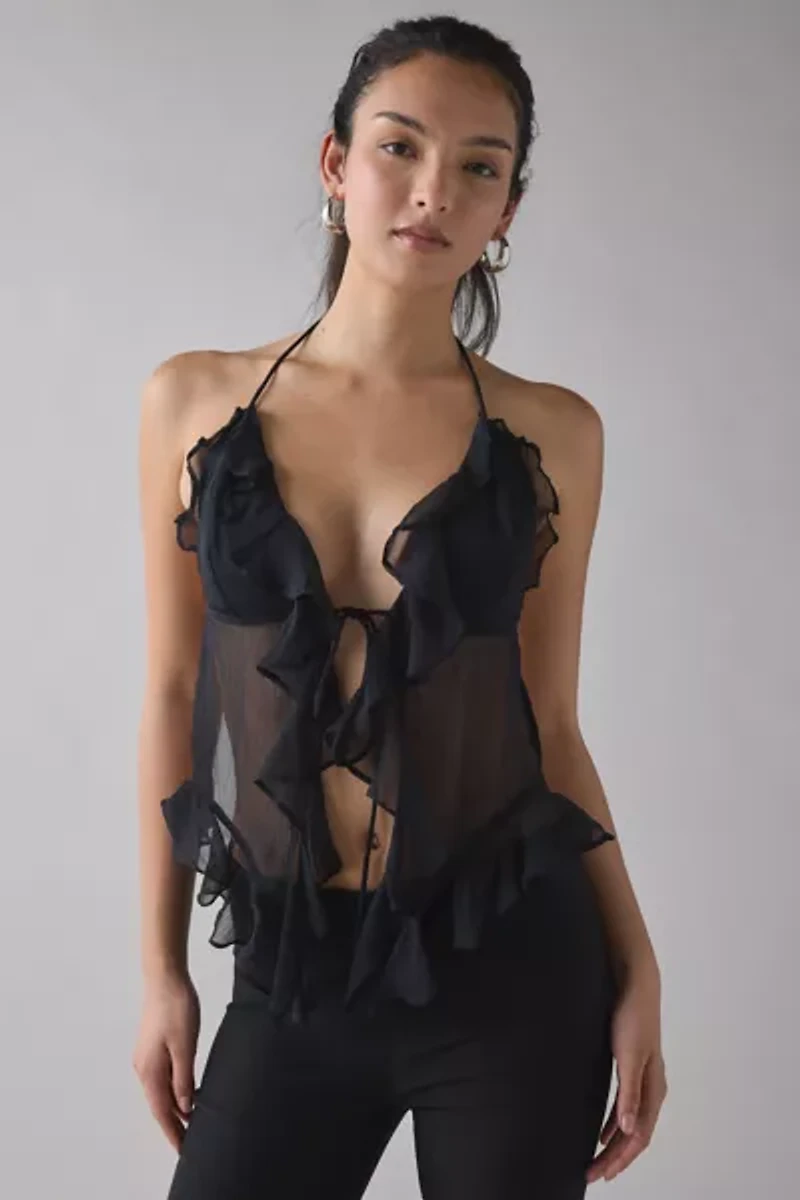 UO Aria Sheer Chiffon Open-Back Cascading Ruffle Halter Top