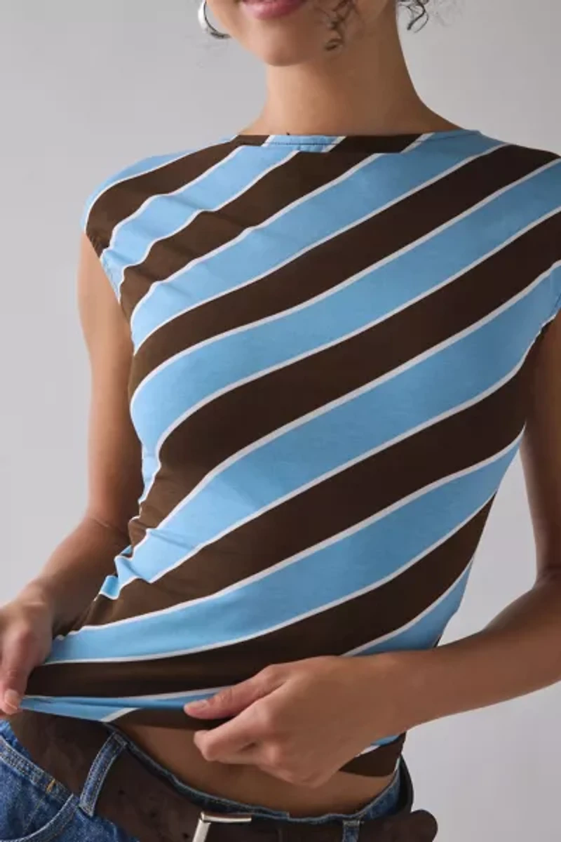 Motel Nova Retro Blue Stripe Jersey Knit Boatneck Crop Top