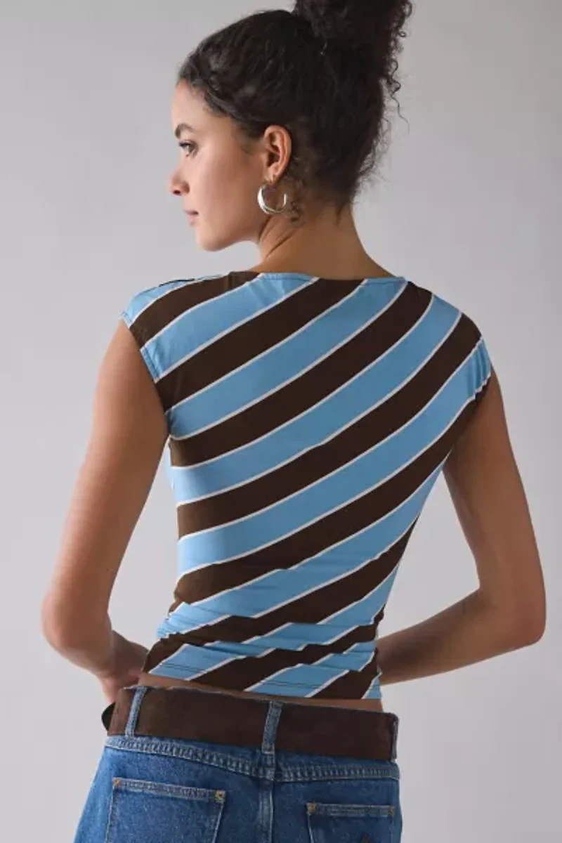 Motel Nova Retro Blue Stripe Jersey Knit Boatneck Crop Top
