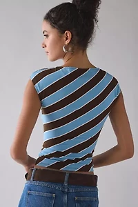 Motel Nova Retro Blue Stripe Jersey Knit Boatneck Crop Top