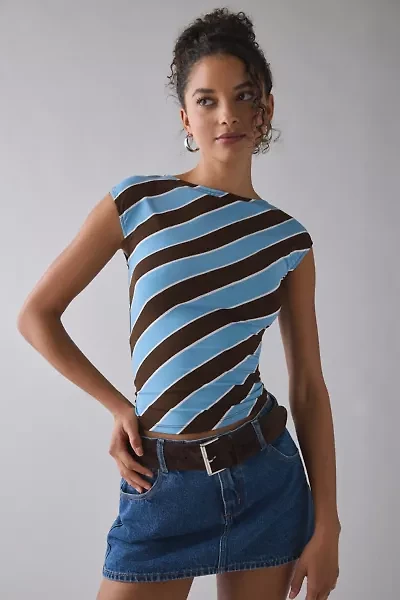 Motel Nova Retro Blue Stripe Jersey Knit Boatneck Crop Top