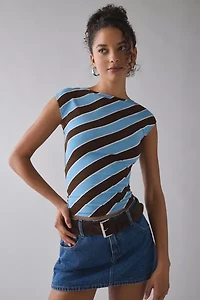Motel Nova Retro Blue Stripe Jersey Knit Boatneck Crop Top