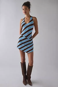 Motel Shinobu Striped Jersey Knit Asymmetric Halter Mini Dress