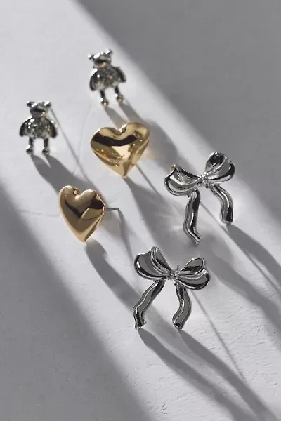 Addy Hearts & Bows Mixed Metal Post Earring Set