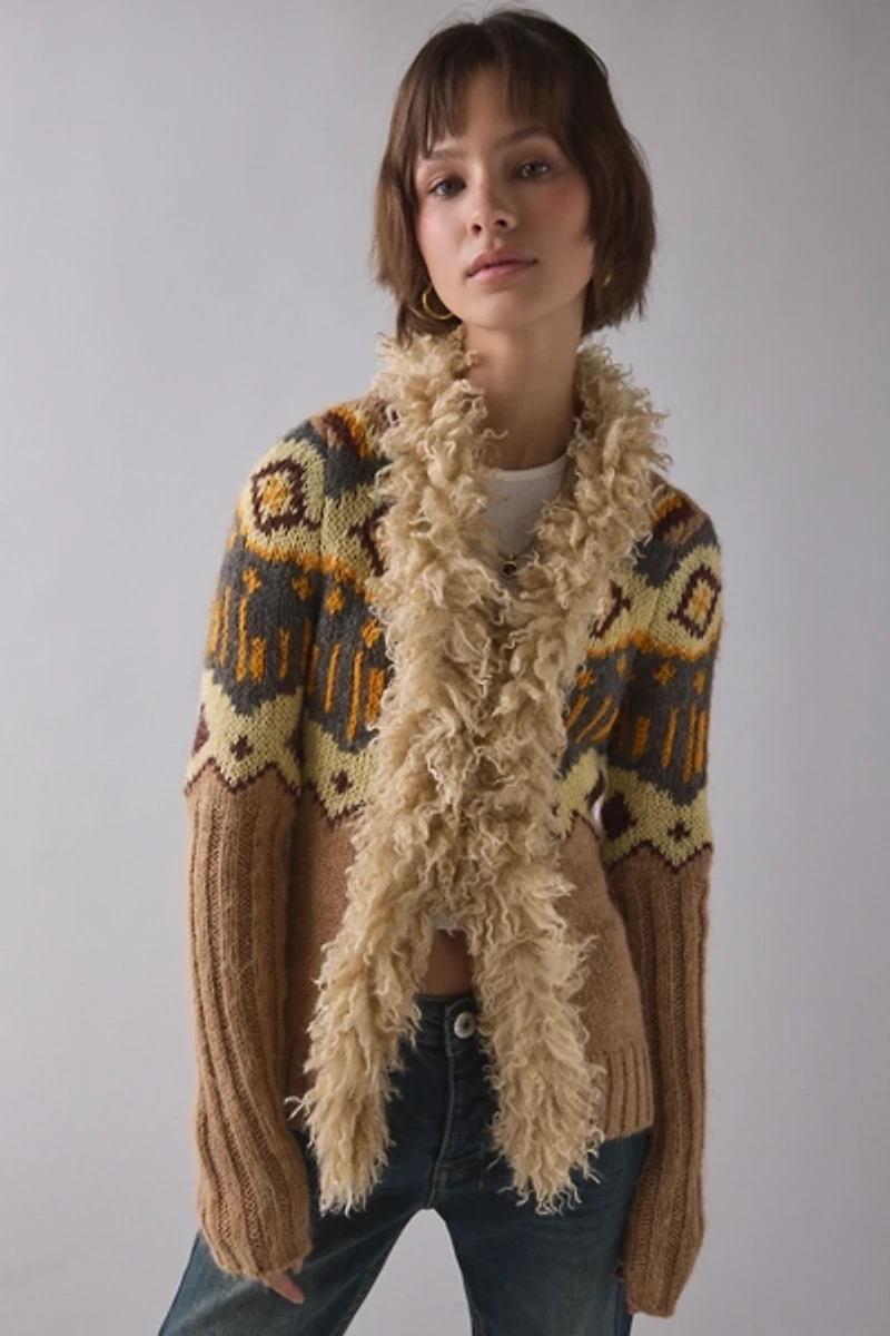 BDG Penny Patterned Knit Faux Fur Trim Cardigan