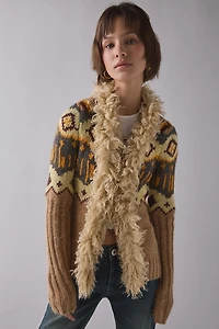 BDG Penny Patterned Knit Faux Fur Trim Cardigan