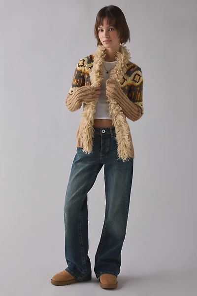 BDG Penny Patterned Knit Faux Fur Trim Cardigan