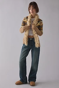 BDG Penny Patterned Knit Faux Fur Trim Cardigan