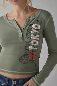 Tokyo Applique Graphic Long Sleeve Henley Tee