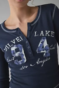 Silver Lake 94 Applique Graphic Long Sleeve Henley Tee